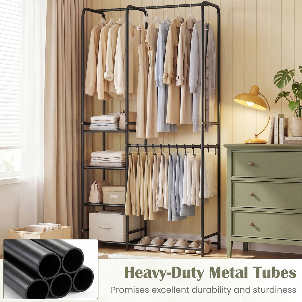 Portable Closet with Pants Hangers and 2 Hanging Rods and 4 Storage Shelves-Black