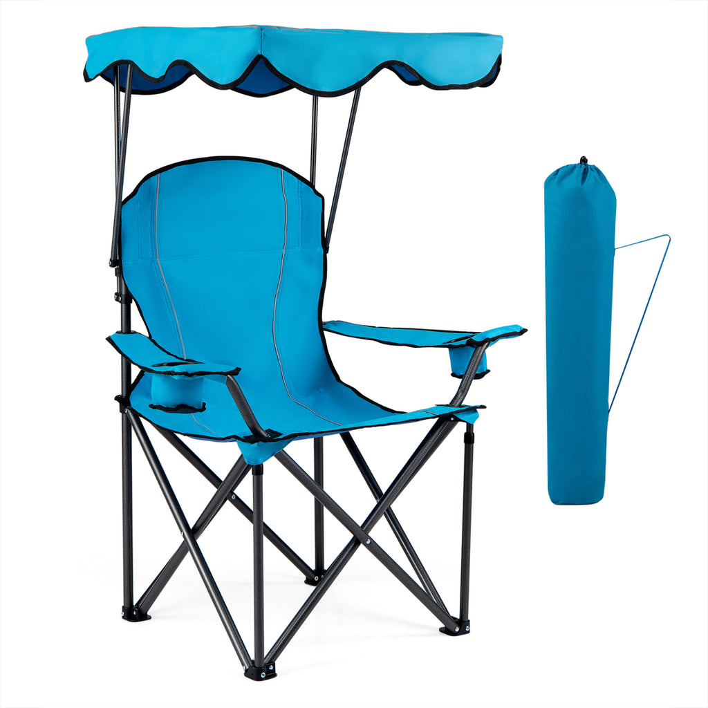 Chaise de plage pliante portable avec pare-soleil et porte-gobelets - Bleu clair
