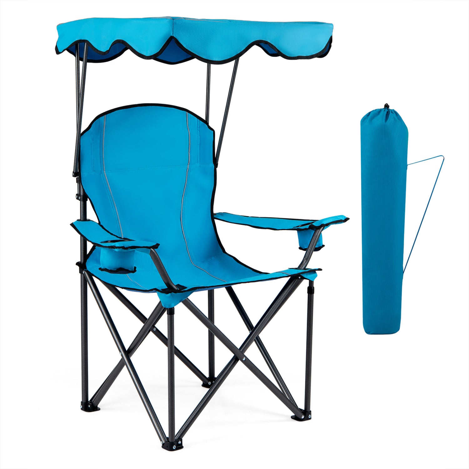 Chaise de plage pliante portable avec pare-soleil et porte-gobelets - Bleu clair