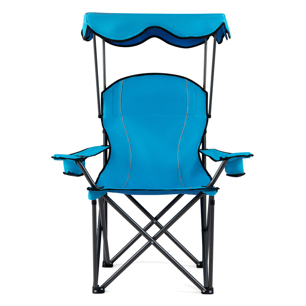Chaise de plage pliante portable avec pare-soleil et porte-gobelets - Bleu clair