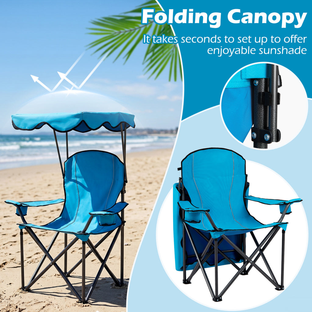 Chaise de plage pliante portable avec pare-soleil et porte-gobelets - Bleu clair
