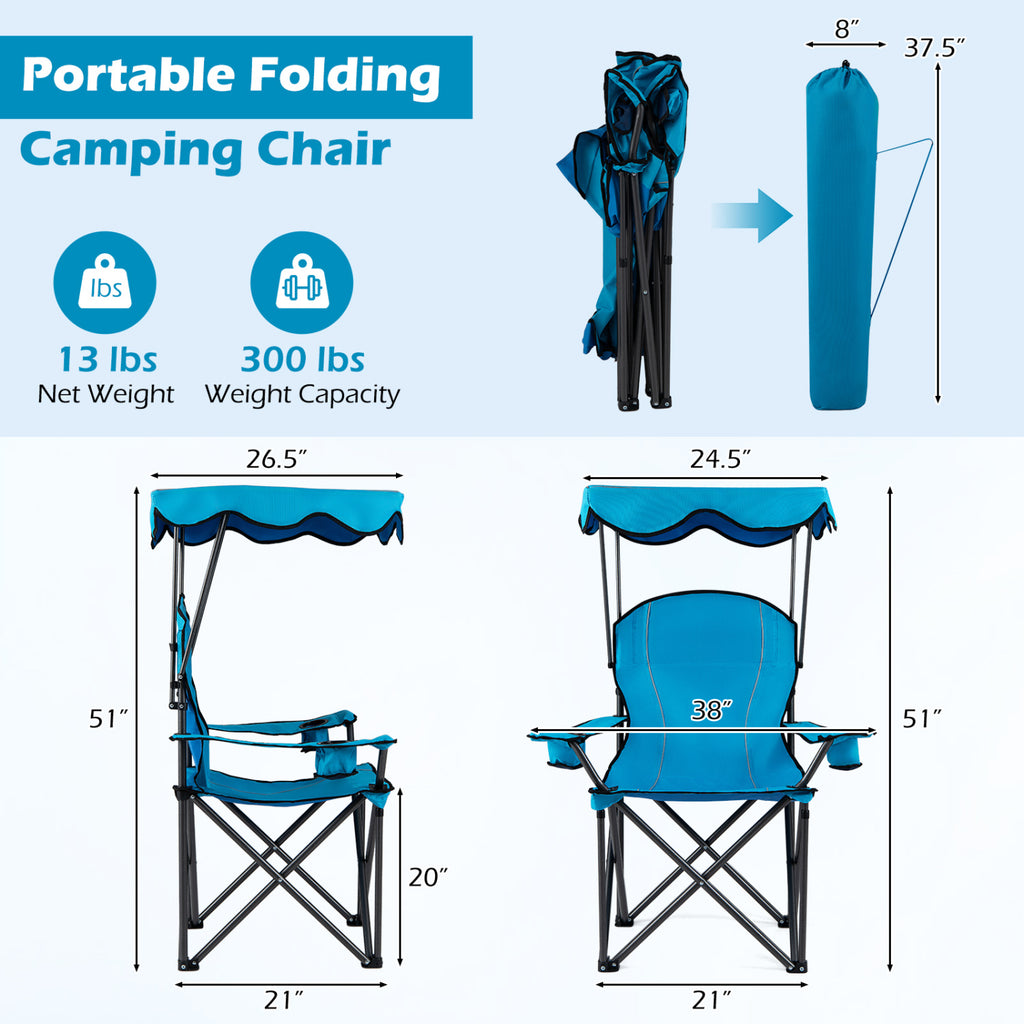 Chaise de plage pliante portable avec pare-soleil et porte-gobelets - Bleu clair