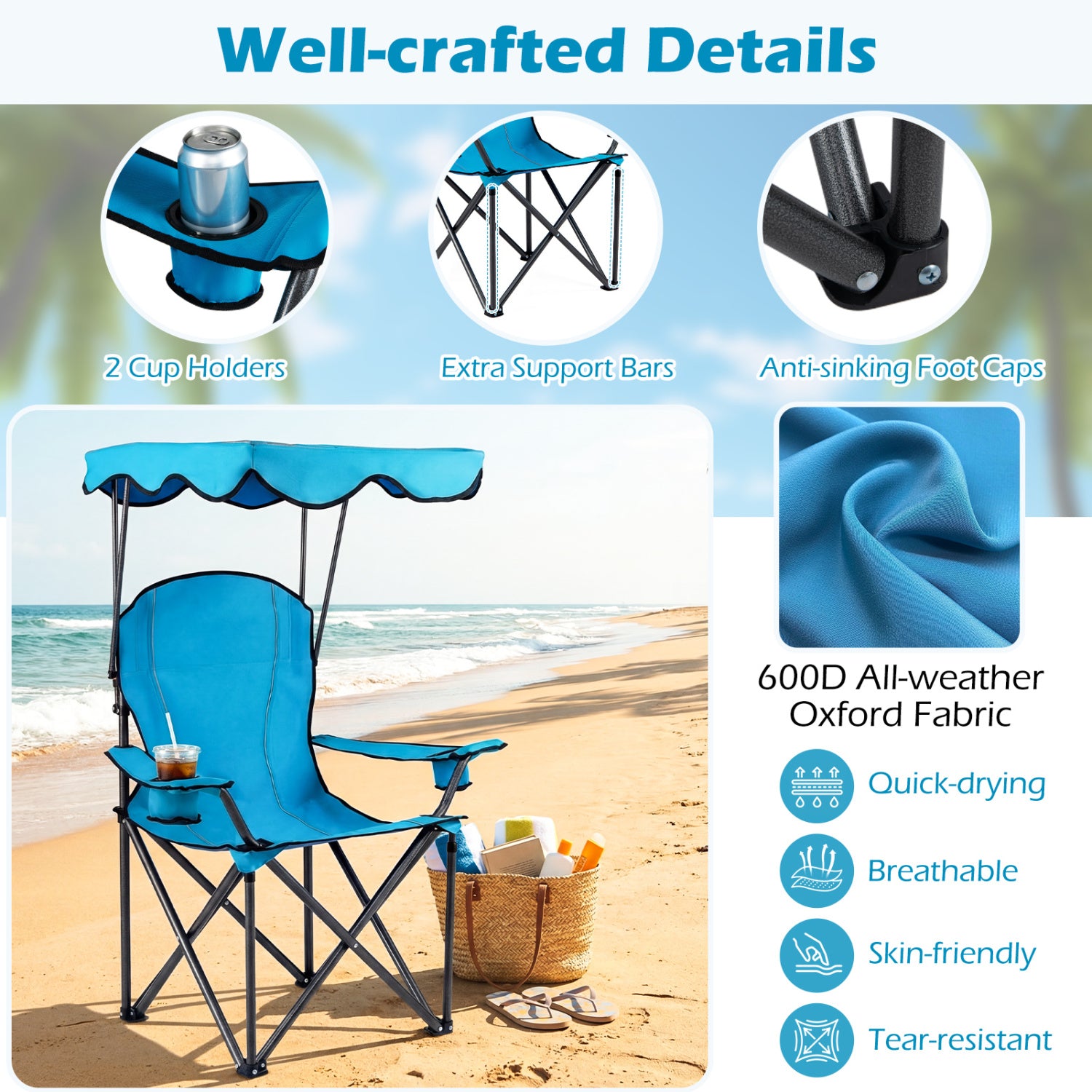 Chaise de plage pliante portable avec pare-soleil et porte-gobelets - Bleu clair