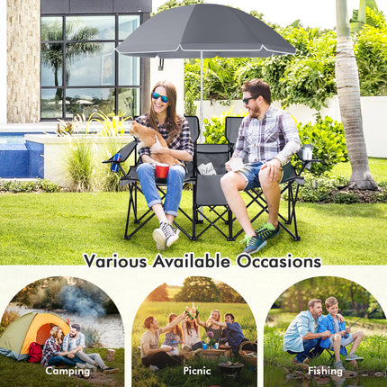 Portable Folding Picnic Double Chair With Umbrella-Gray