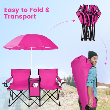 Portable Folding Picnic Double Chair With Removable Umbrella-Pink