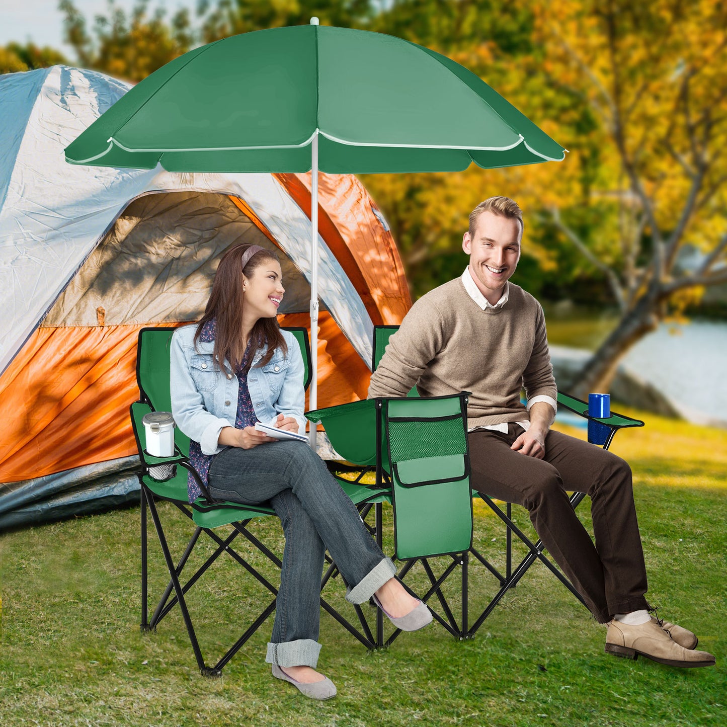 Portable Folding Picnic Double Chair With Removable Umbrella-Green