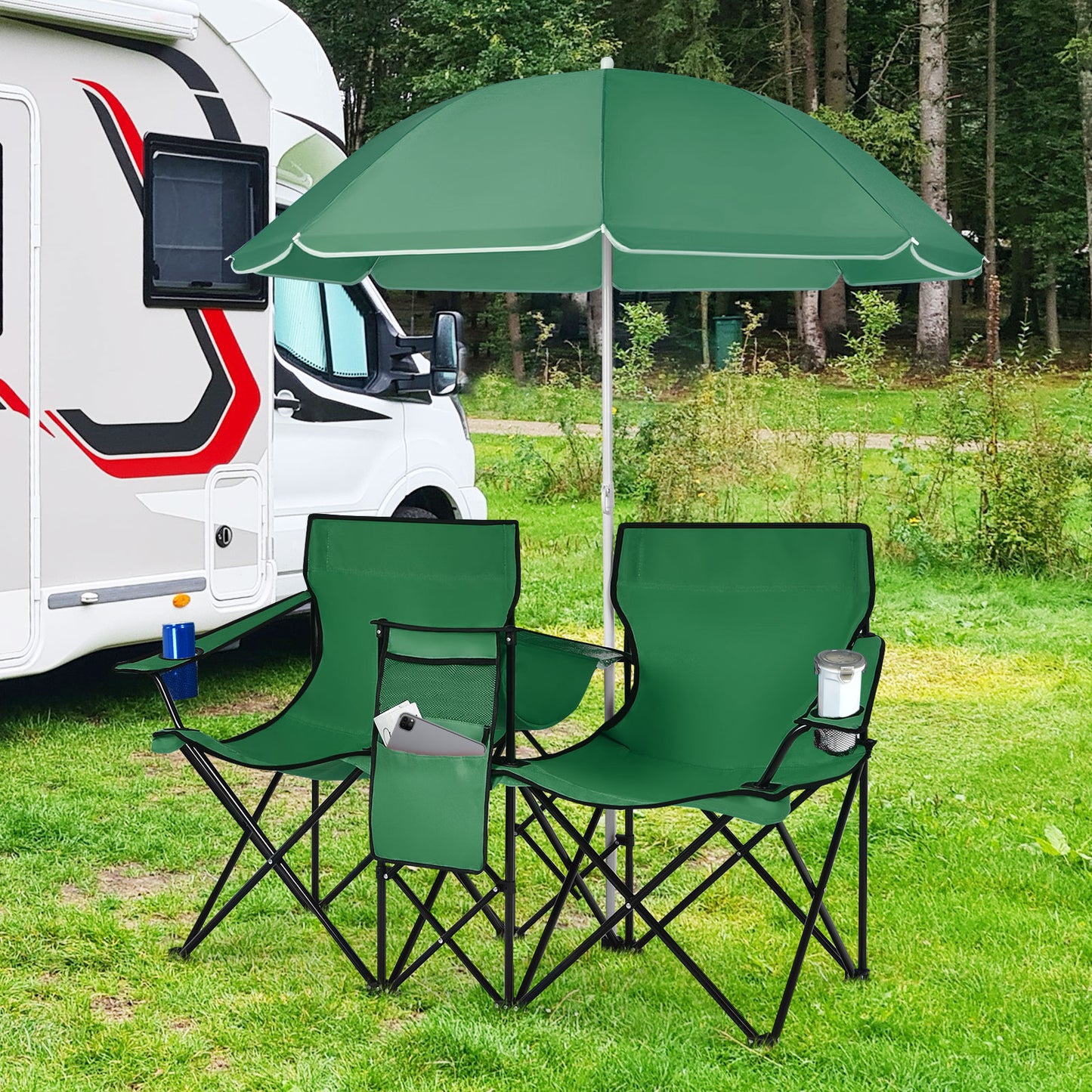 Portable Folding Picnic Double Chair With Removable Umbrella-Green