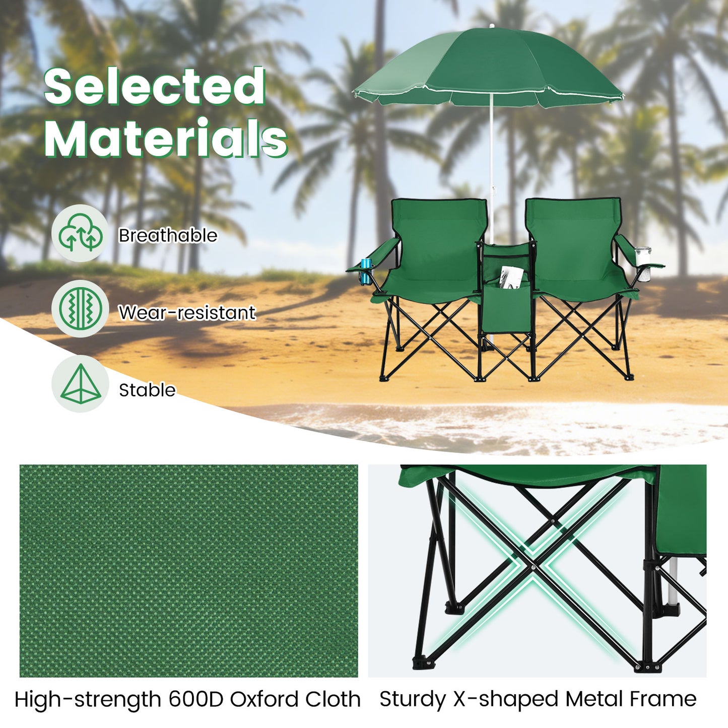 Portable Folding Picnic Double Chair With Removable Umbrella-Green
