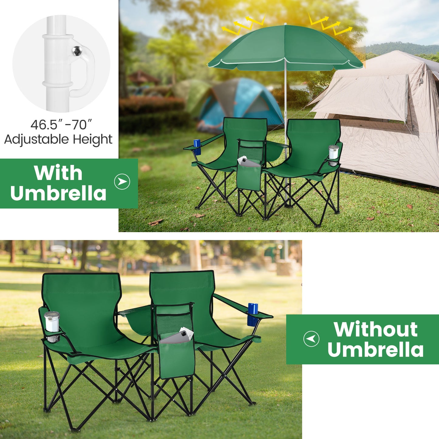Portable Folding Picnic Double Chair With Removable Umbrella-Green