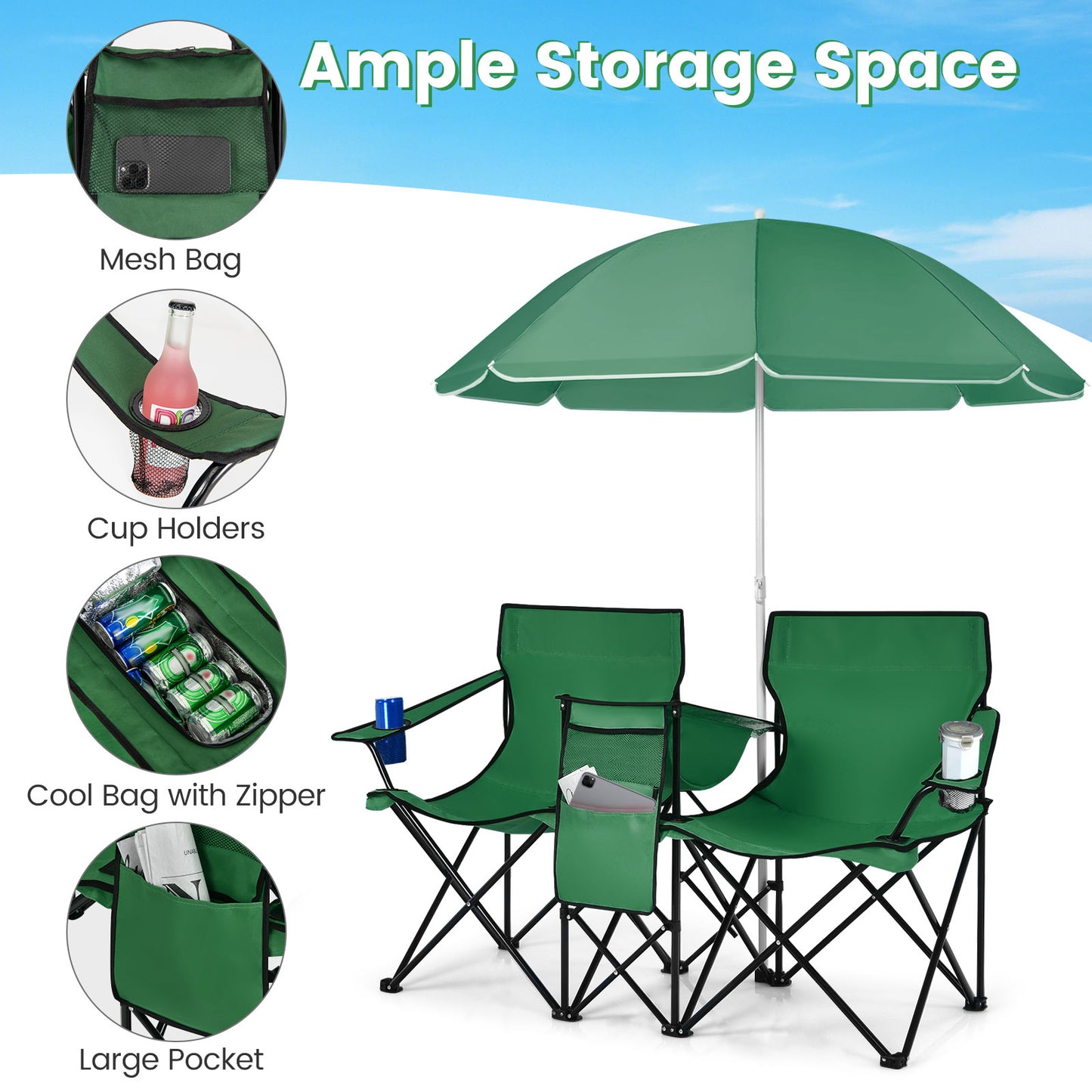 Portable Folding Picnic Double Chair With Removable Umbrella-Green