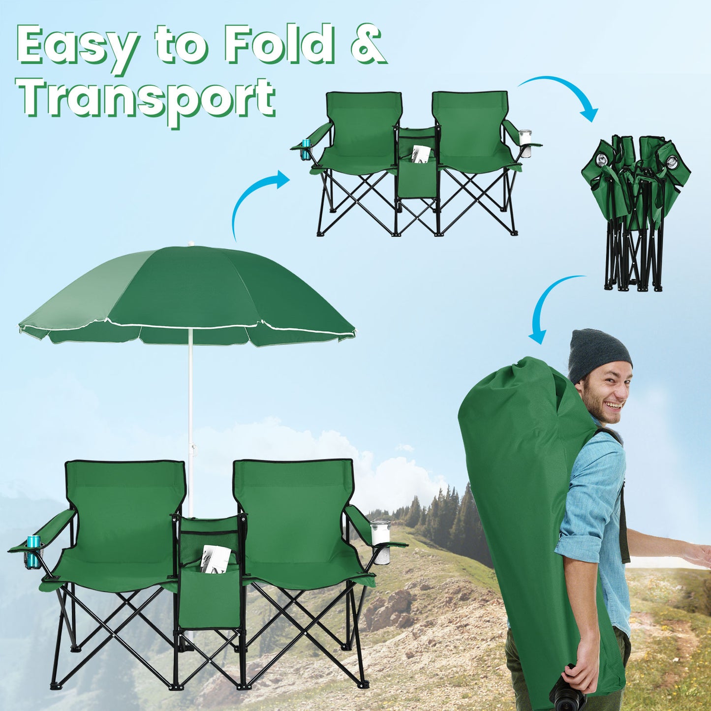 Portable Folding Picnic Double Chair With Removable Umbrella-Green