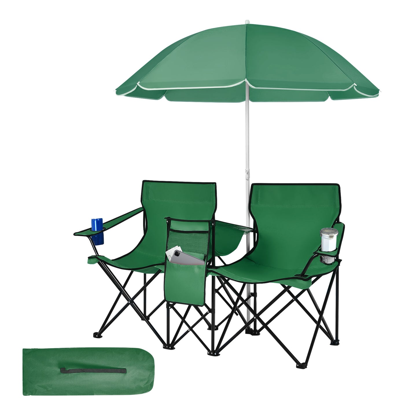 Portable Folding Picnic Double Chair With Removable Umbrella-Green