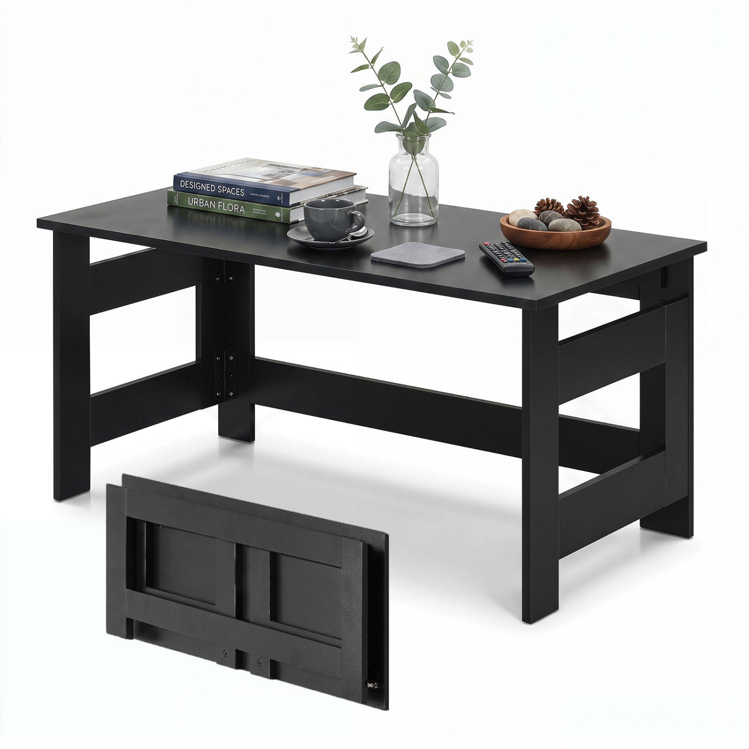 Portable Low Floor Table with Foldable Legs for Living Room-Black