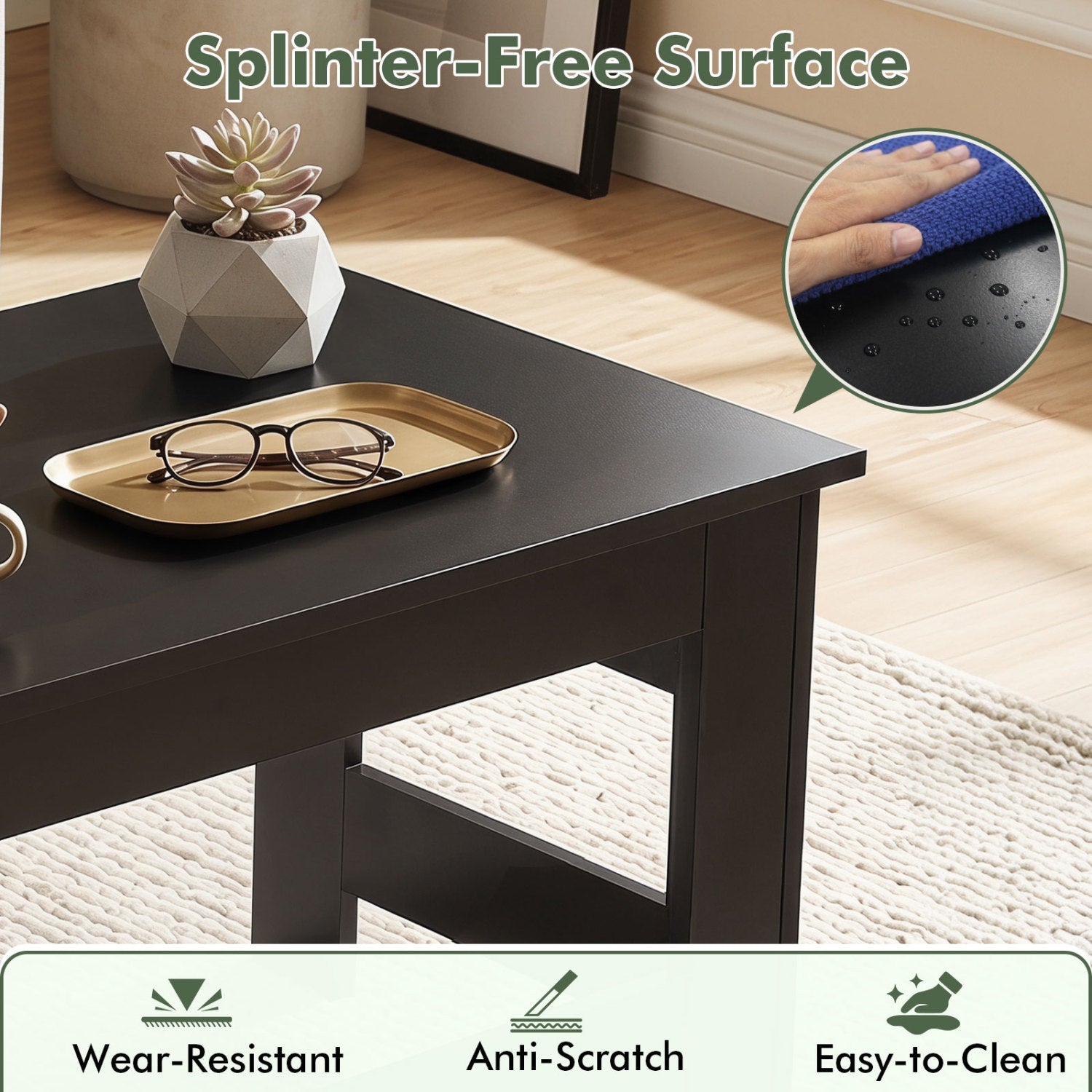 Portable Low Floor Table with Foldable Legs for Living Room-Black