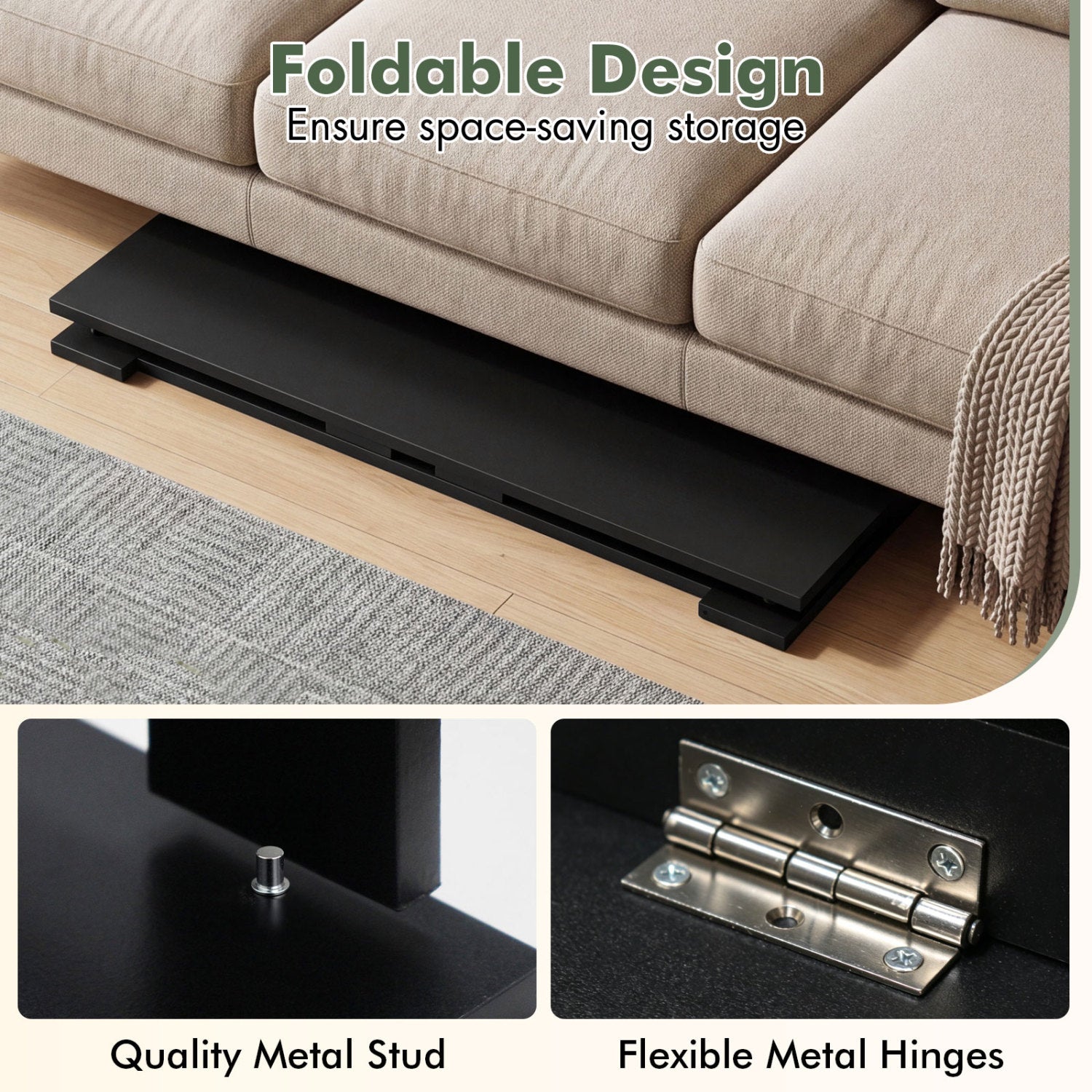 Portable Low Floor Table with Foldable Legs for Living Room-Black