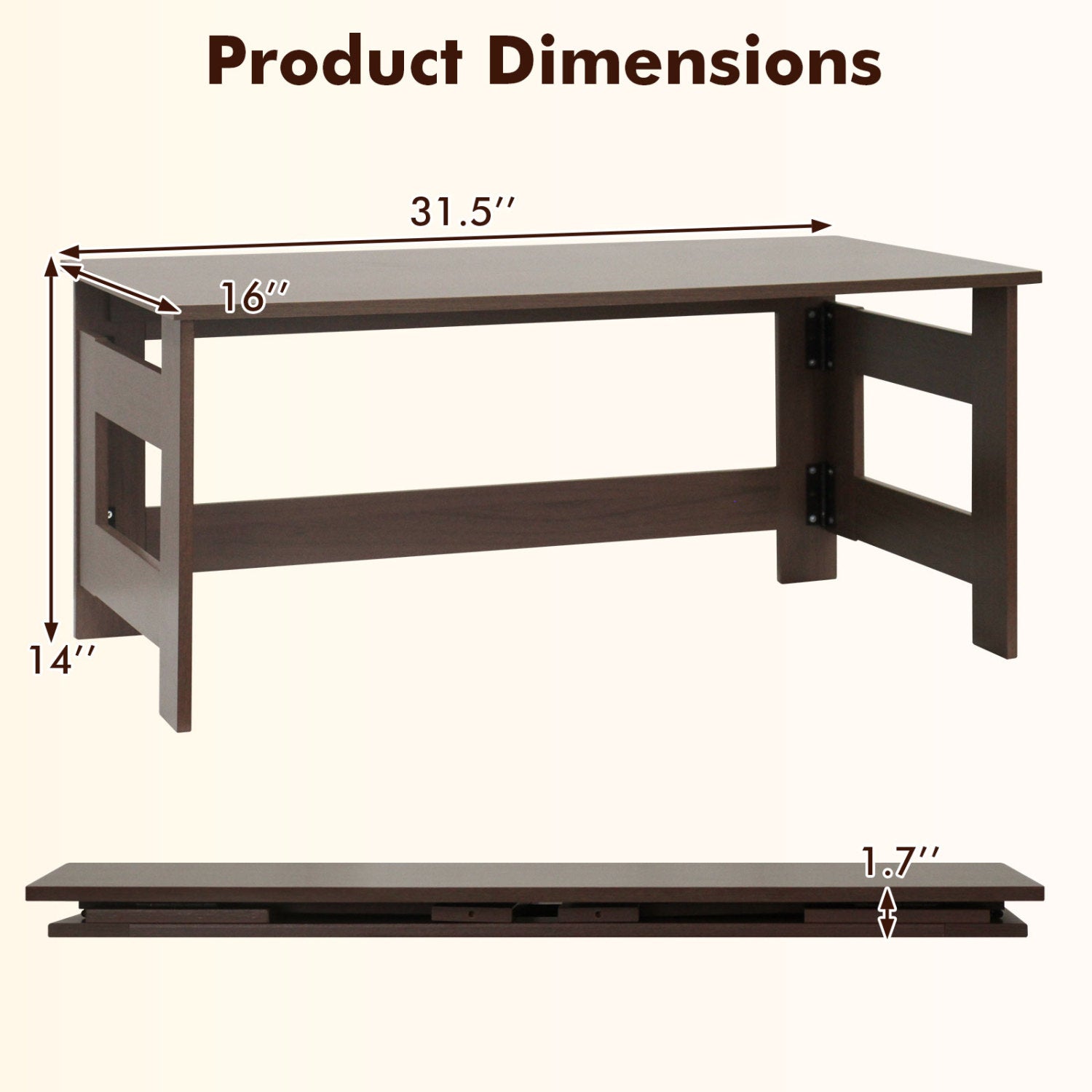 Portable Low Floor Table with Foldable Legs for Living Room-Brown