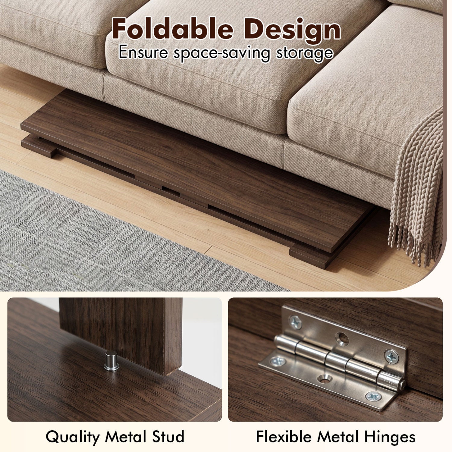 Portable Low Floor Table with Foldable Legs for Living Room-Brown
