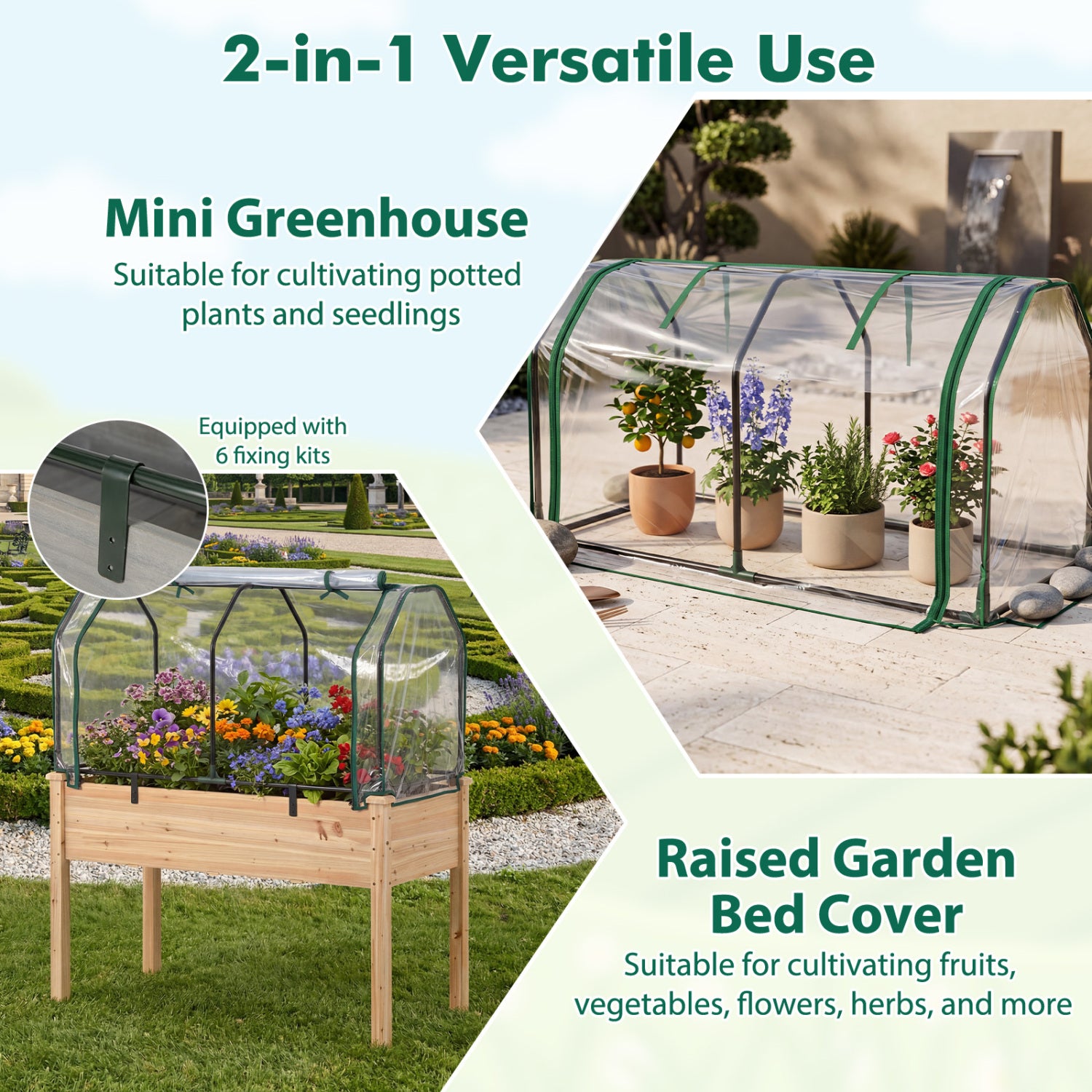 Portable Mini Greenhouse with PE Cover and Zippered Door for Vegetables-Green