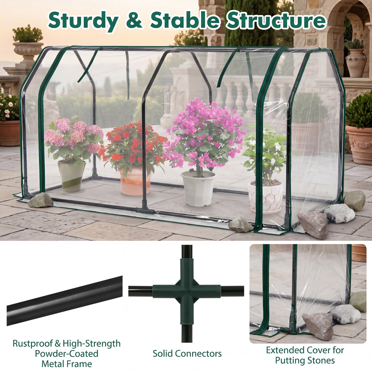 Portable Mini Greenhouse with PE Cover and Zippered Door for Vegetables-Green
