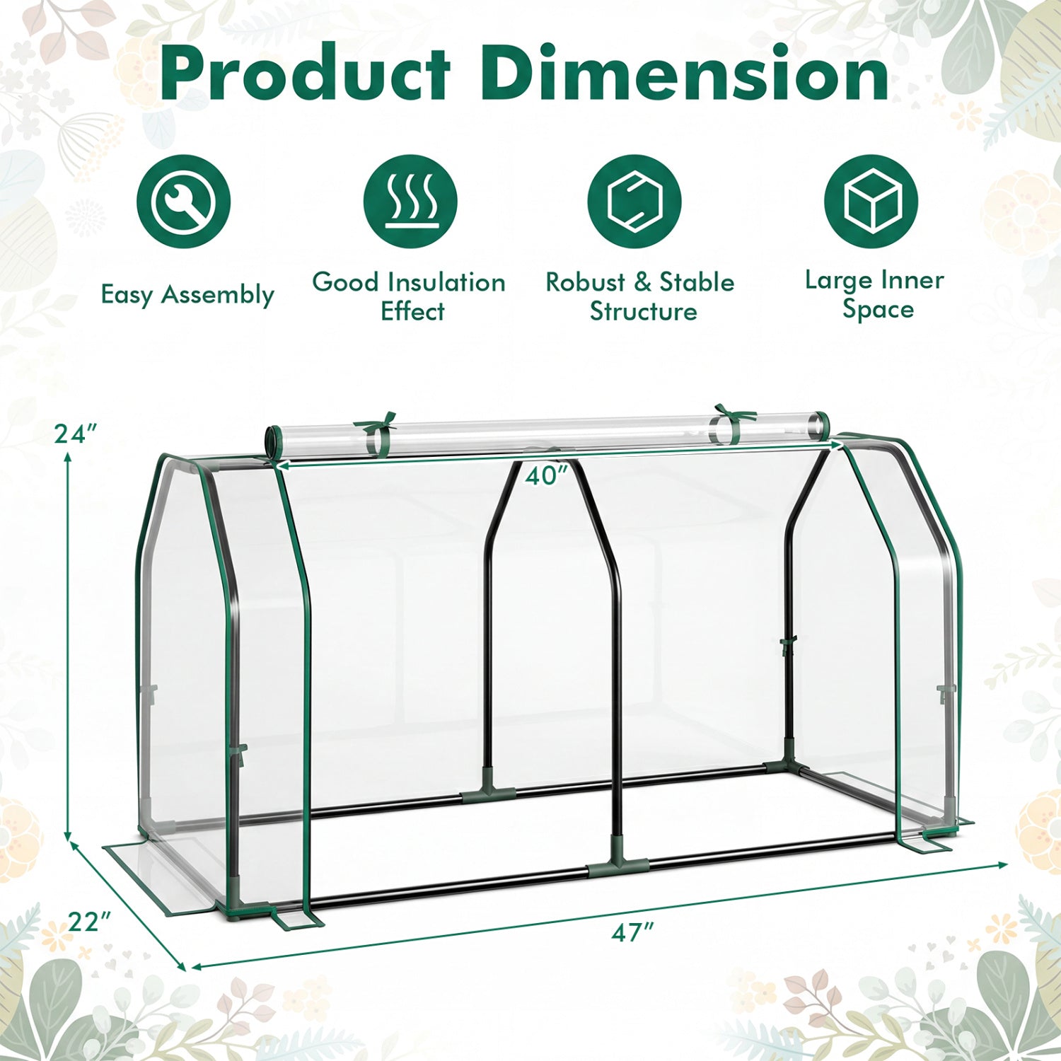 Portable Mini Greenhouse with PE Cover and Zippered Door for Vegetables-Green