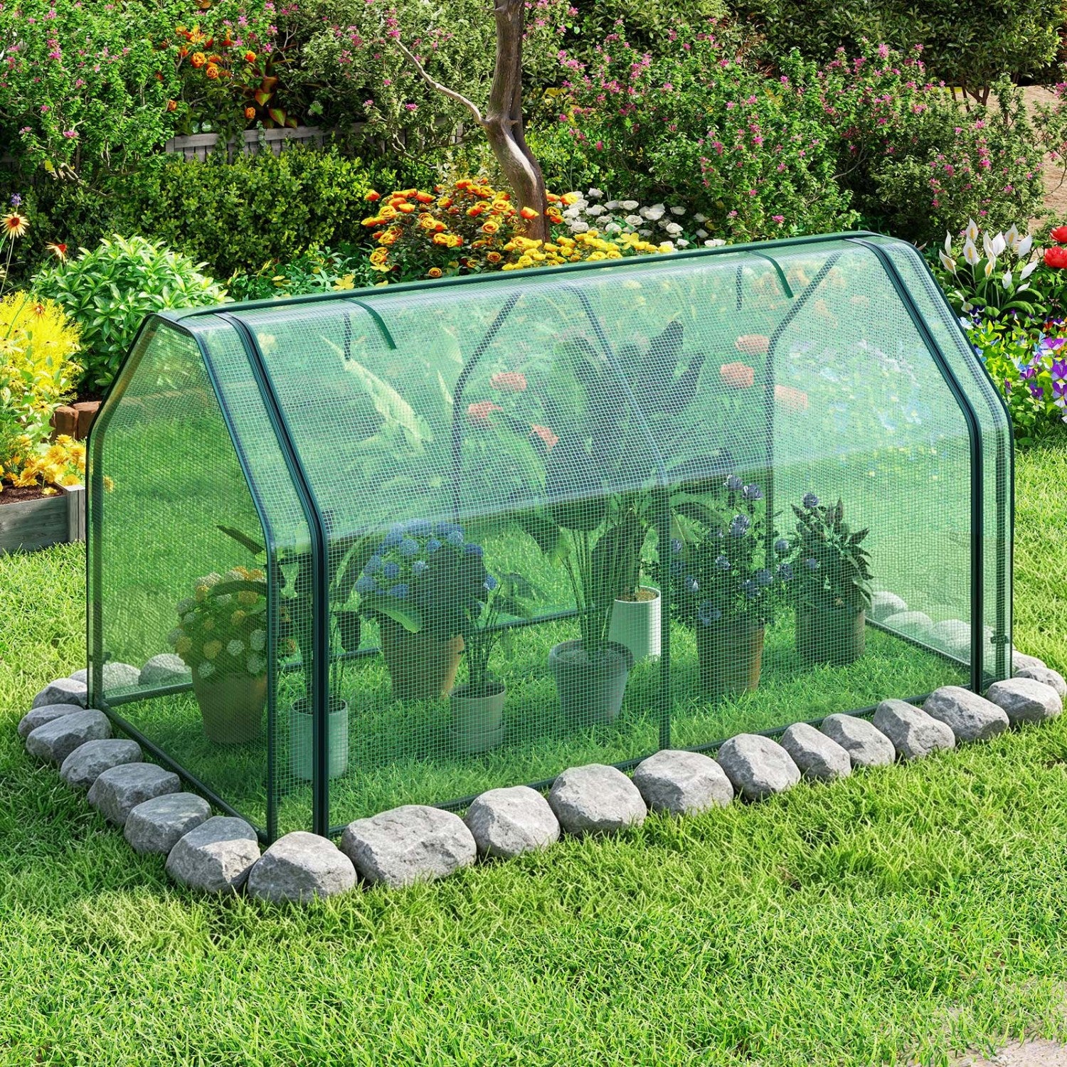 Portable Mini Greenhouse  Small Garden Greenhouse with PE Cover and Zippered Roll-up Door for Vegetables-Green
