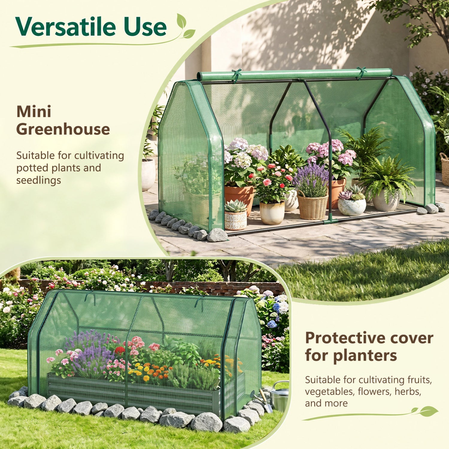Portable Mini Greenhouse  Small Garden Greenhouse with PE Cover and Zippered Roll-up Door for Vegetables-Green