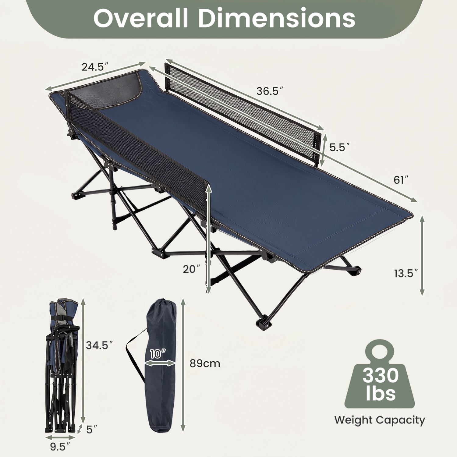 Portable Travel Toddler Cot Bed with Guardrail for Outdoor Indoor-Navy