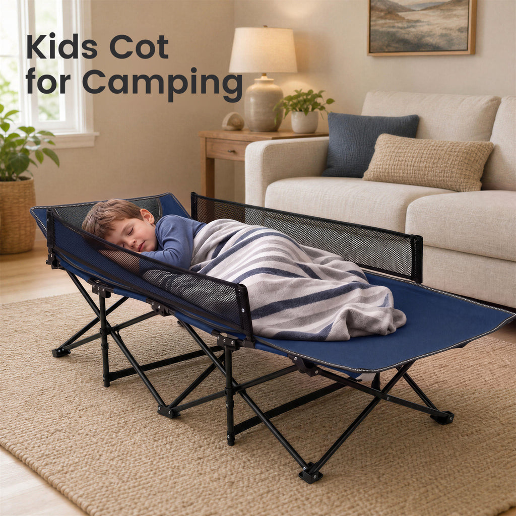 Portable Travel Toddler Cot Bed with Guardrail for Outdoor Indoor-Navy
