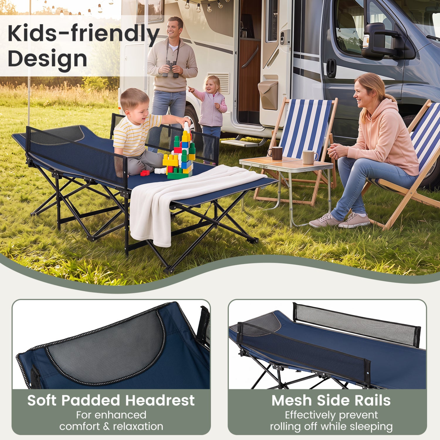 Portable Travel Toddler Cot Bed with Guardrail for Outdoor Indoor-Navy