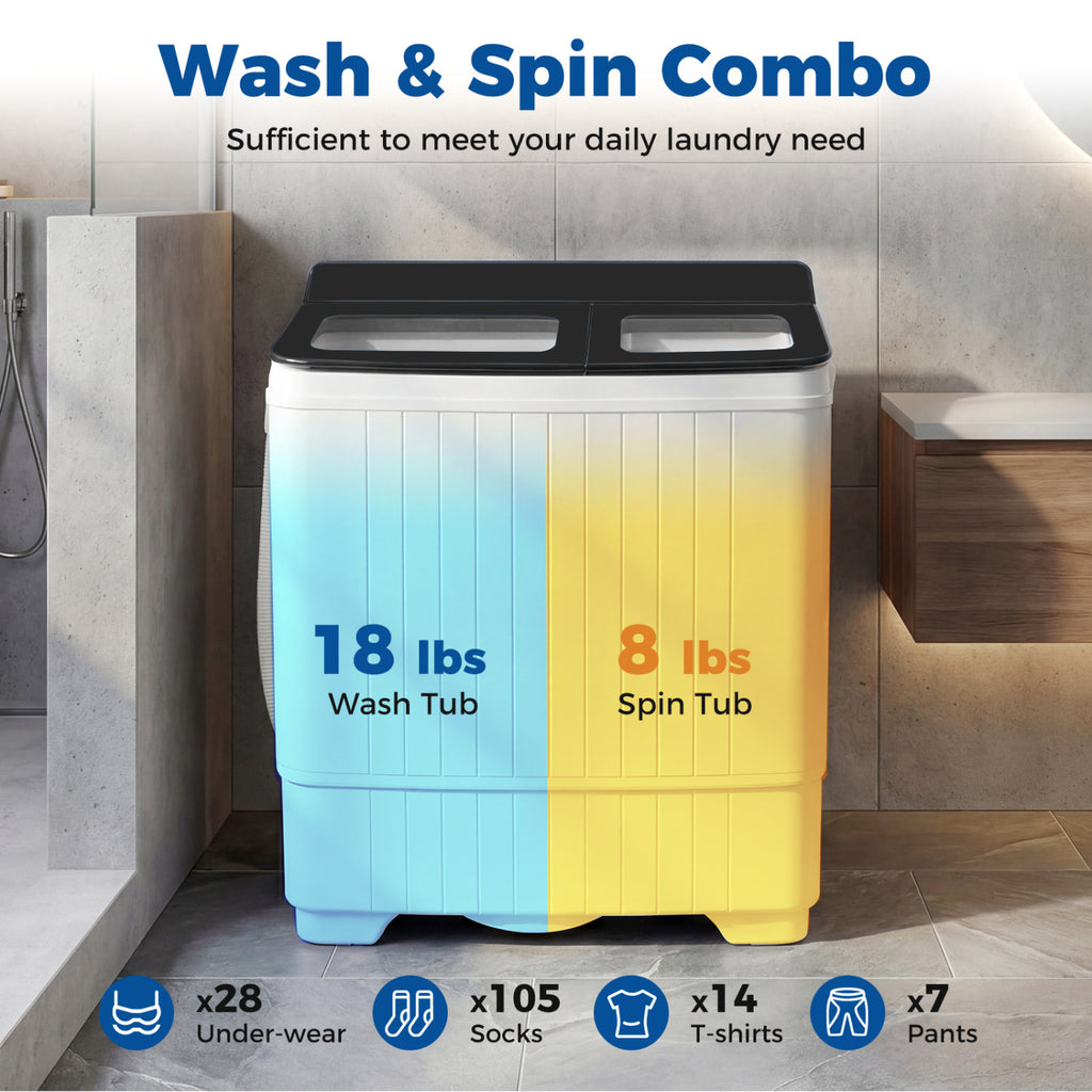 Portable Washing Machine with 18 LBS Washer and 8 LBS Spinner Combo-Black