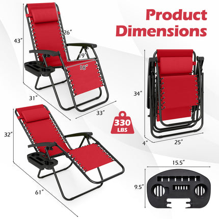 Portable Zero Gravity Chairs with Cup Holder Trays and Backrest-Red