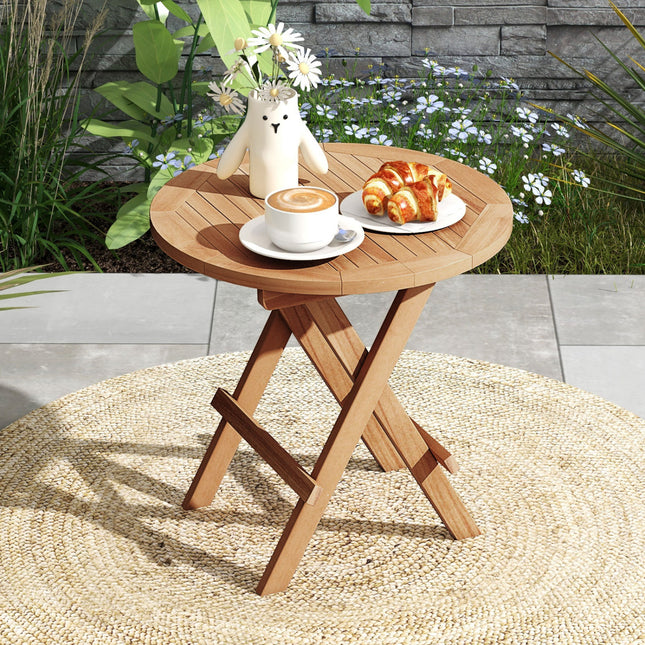 Portable and Compact Outdoor End Table with X-shaped Legs and Slatted Tabletop