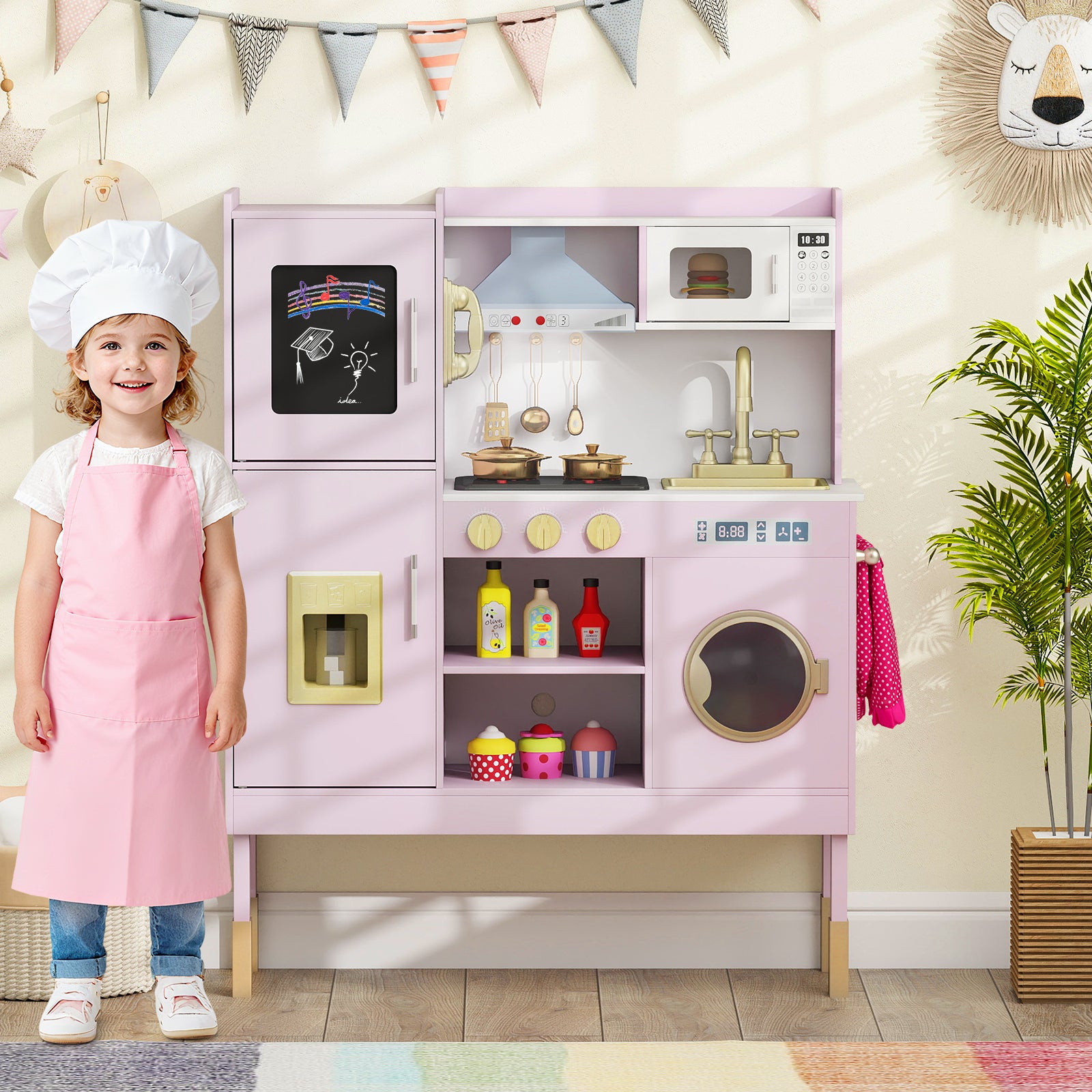 Pretend Play Kitchen Toy Kitchen Playset with Range Hood Ice Maker and Telephone-Light Pink