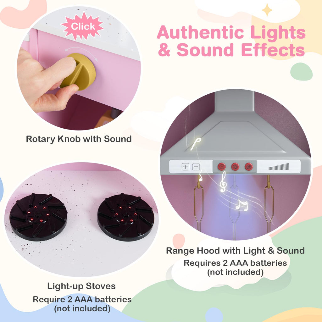 Pretend Play Kitchen Wooden Toy Set with Range Hood Real Sounds and Lights-Pink