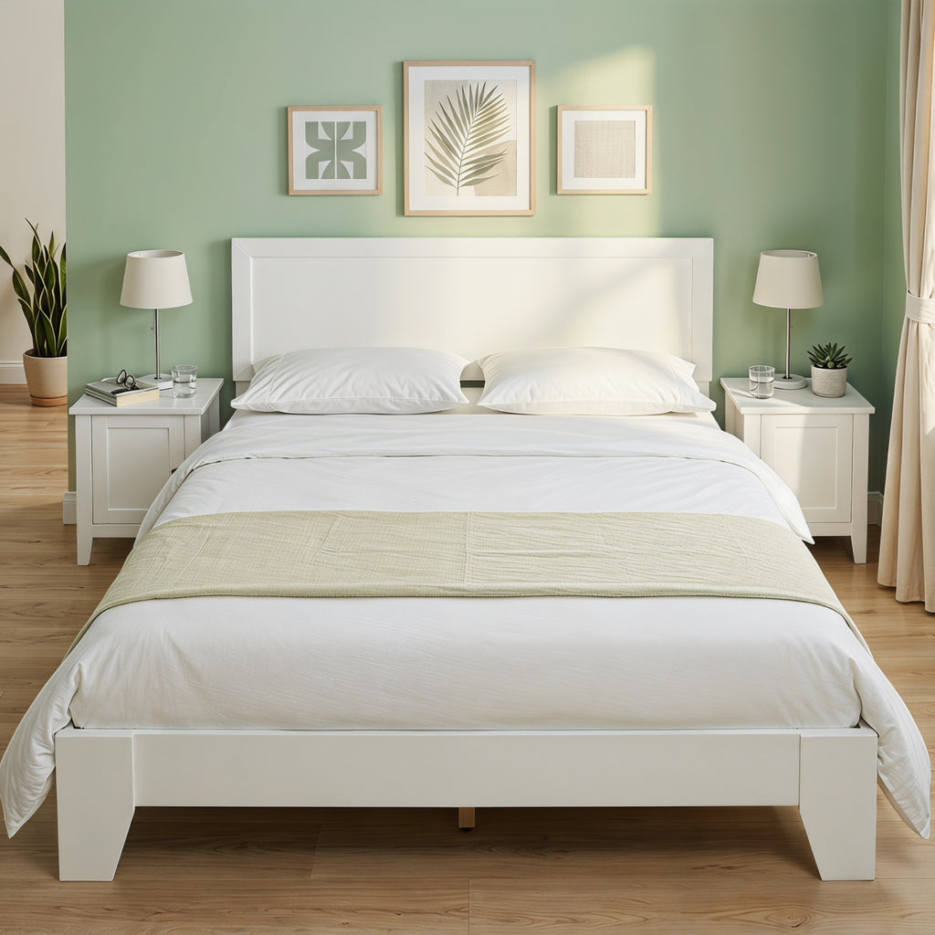 Queen Size Modern Bed Frame with Headboard-White