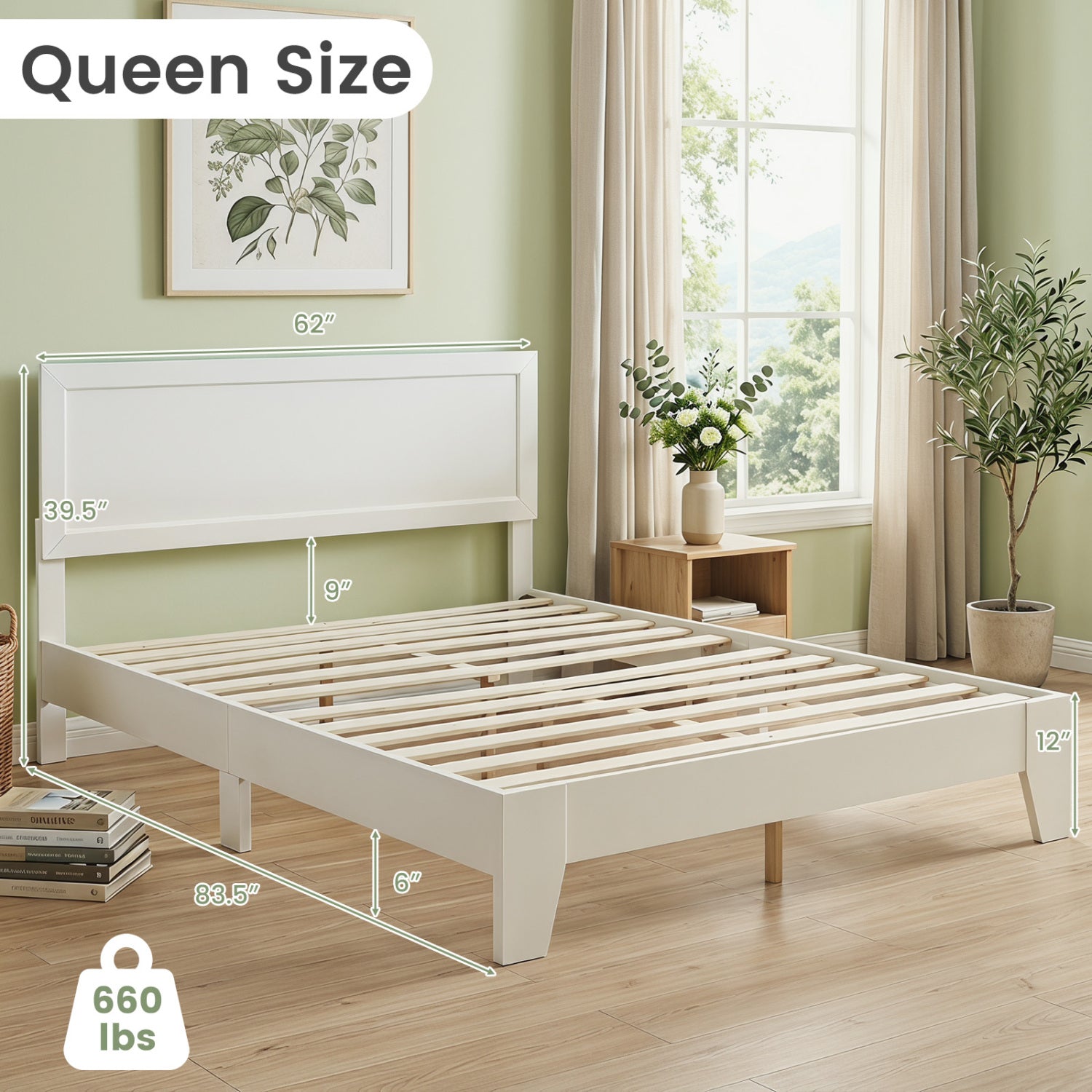 Queen Size Modern Bed Frame with Headboard-White
