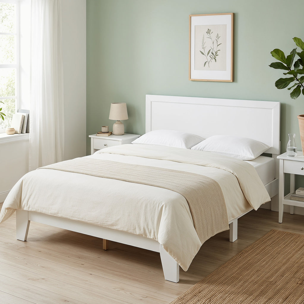 Queen Size Modern Bed Frame with Headboard-White