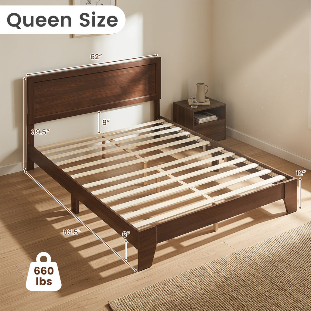 Queen Size Bed Frame with Headboard-Walnut