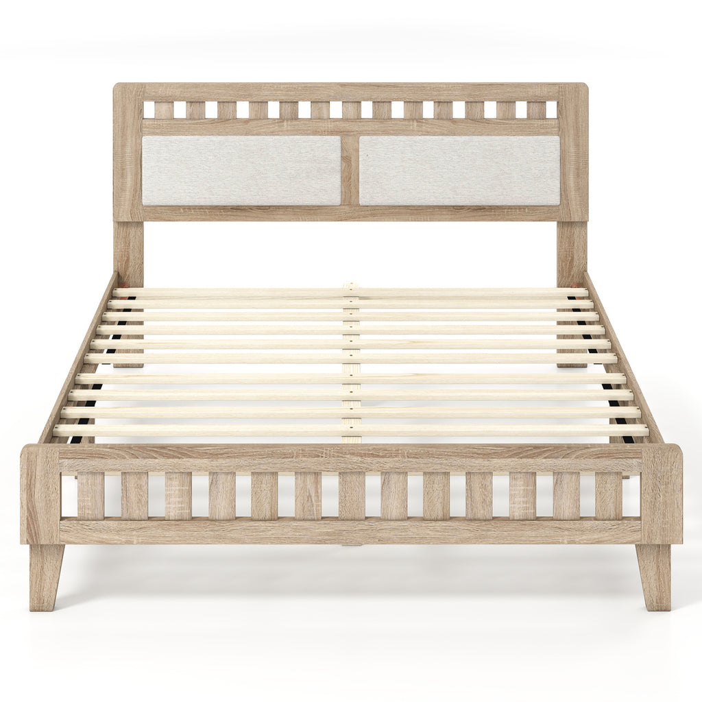 Queen Wood Bed Frame with Upholstered Headboard-Natural