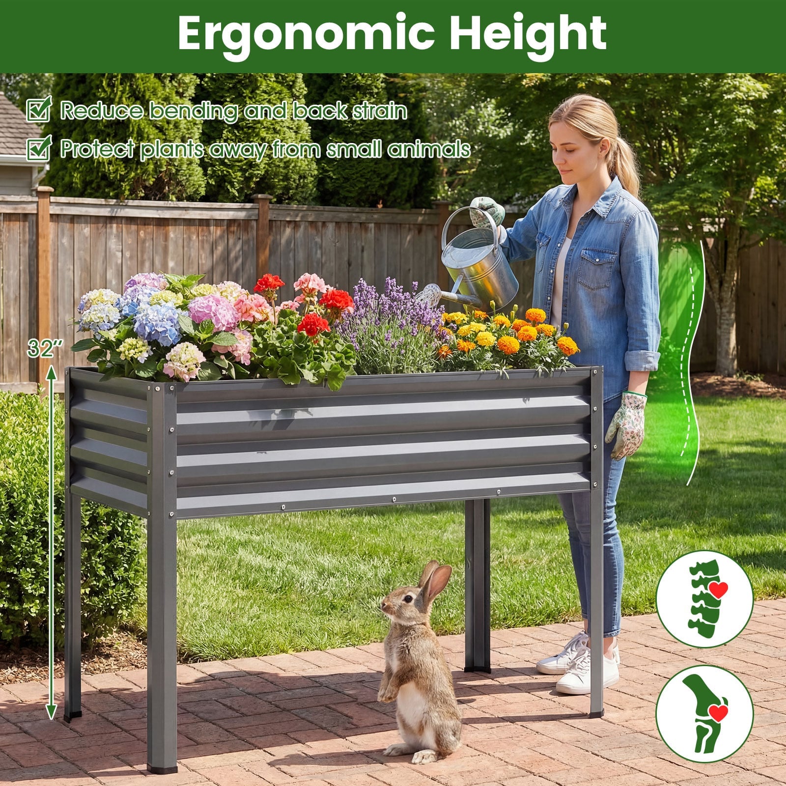 Jardinière surélevée avec pieds en métal traité par électrophorèse, grande jardinière sur pieds - Gris