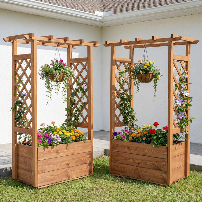 Raised Garden Bed with Lattice Trellises with Hanging Roof Set of 2-Orange