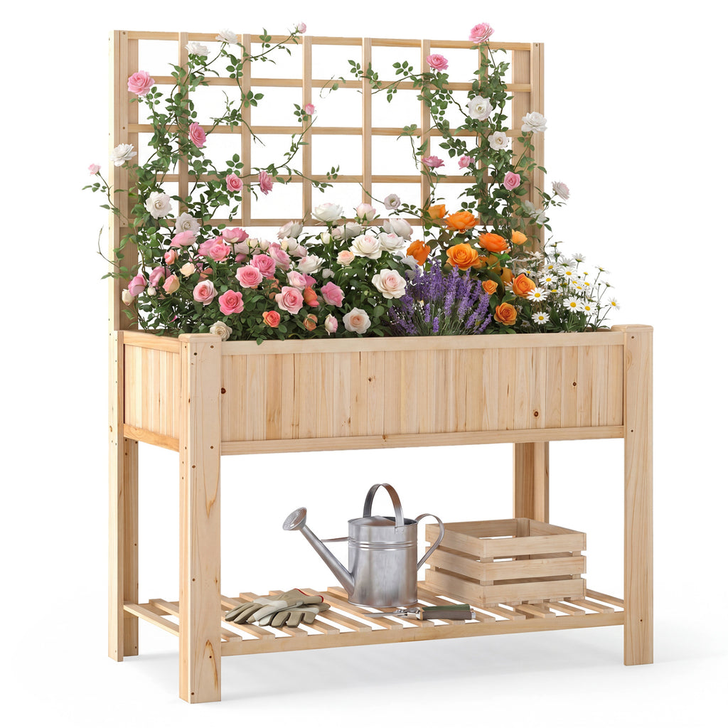 Raised Garden Bed with Trellis Wooden Elevated Planter Box with Legs-Natural