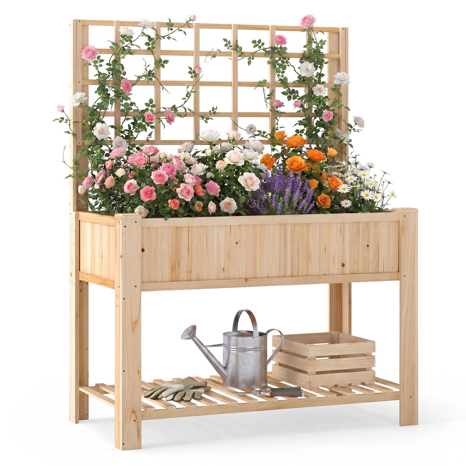 Raised Garden Bed with Trellis Wooden Elevated Planter Box with Legs-Natural