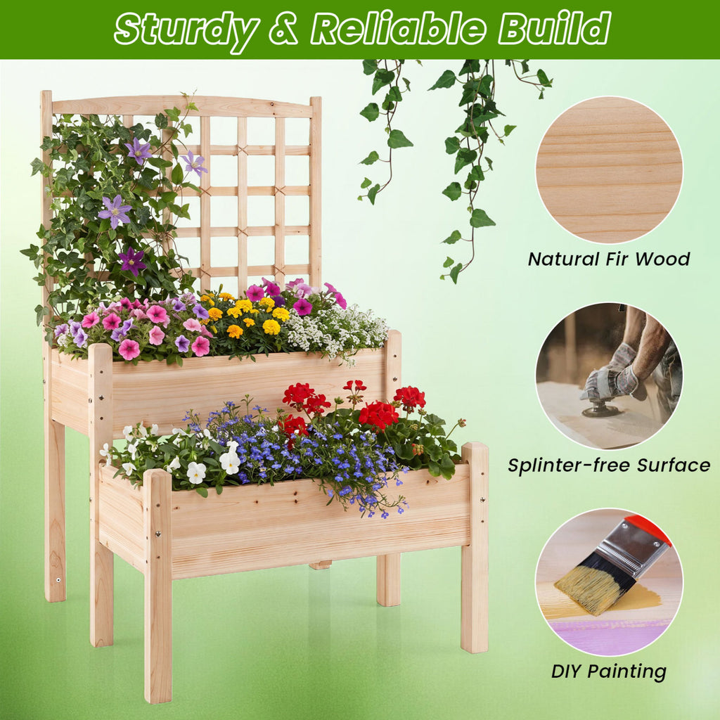 Raised Garden Bed with Trellis 2-Tier for Outdoor Climbing Plants-Natural