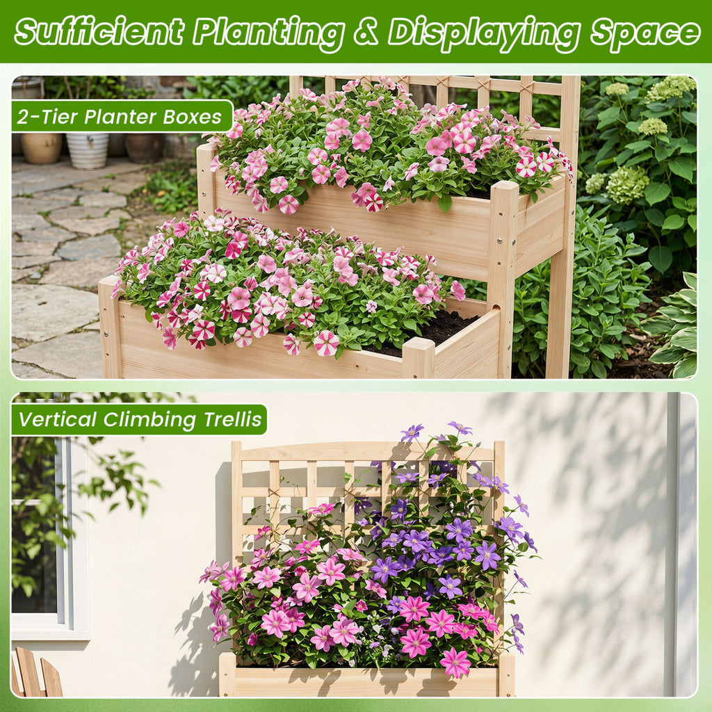 Raised Garden Bed with Trellis 2-Tier for Outdoor Climbing Plants-Natural