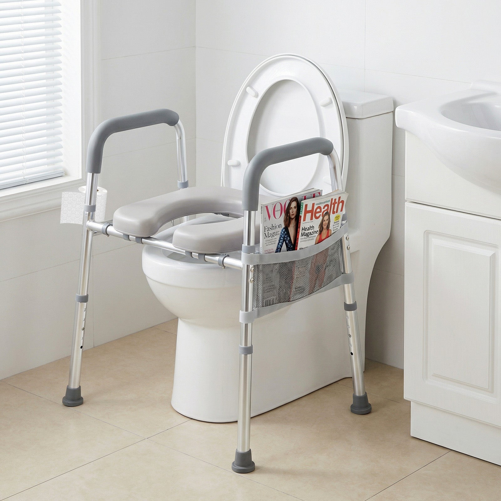 Raised Toilet Seat with Handles and Padded Arms for Seniors-Silver