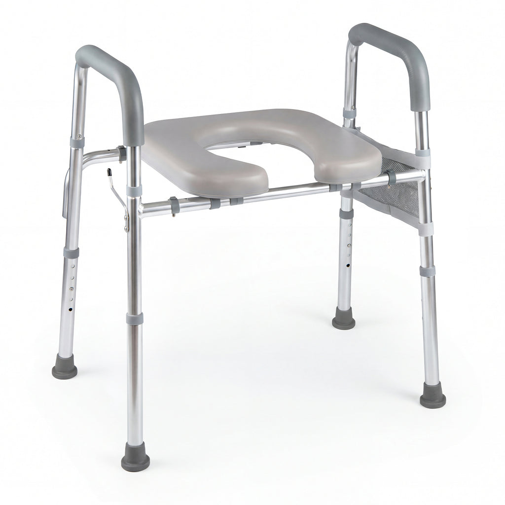 Raised Toilet Seat with Handles and Padded Arms for Seniors-Silver