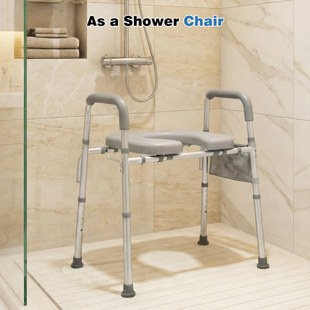 Raised Toilet Seat with Handles and Padded Arms for Seniors-Silver