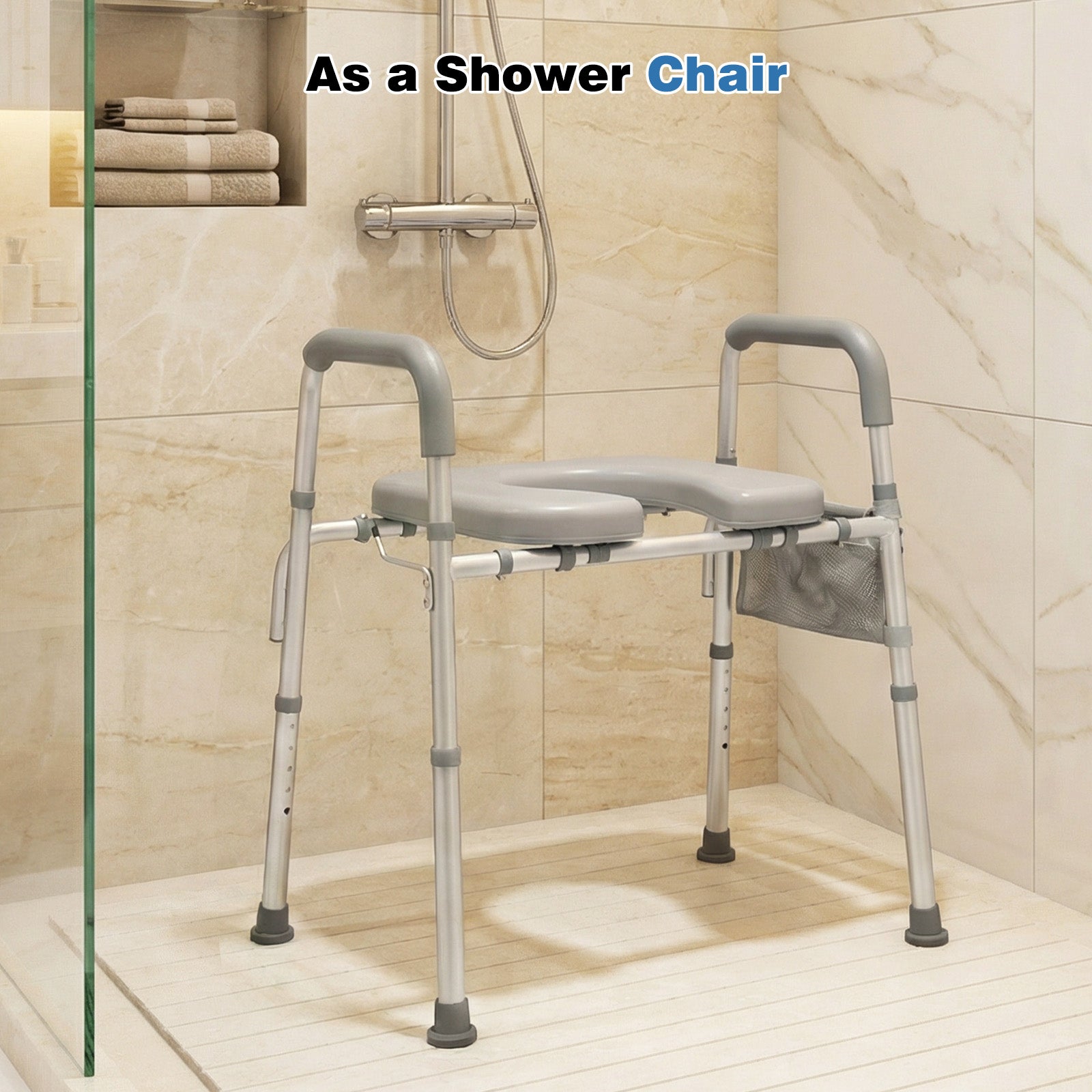Raised Toilet Seat with Handles and Padded Arms for Seniors-Silver