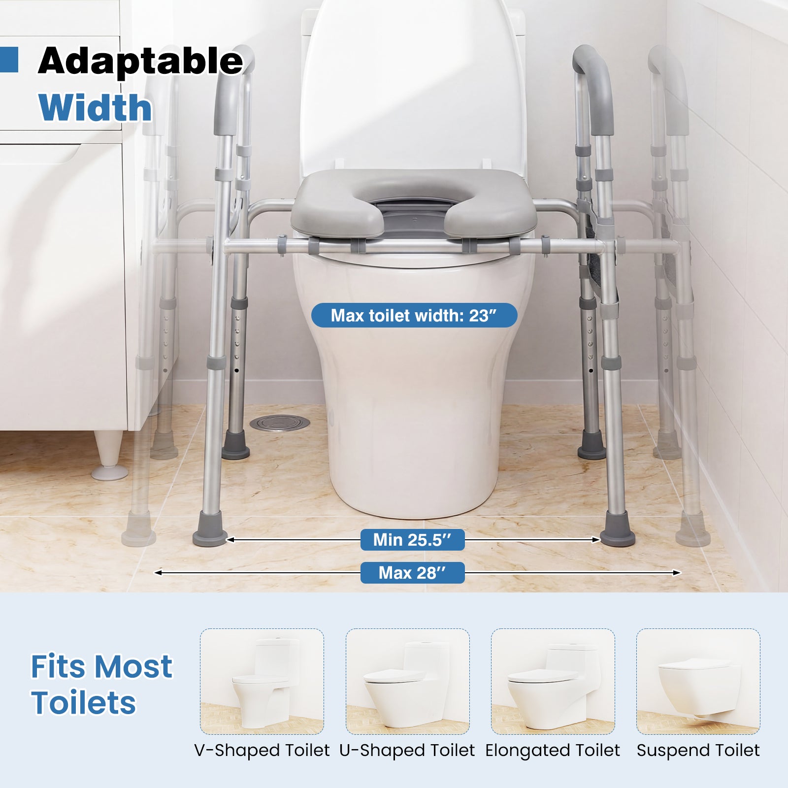 Raised Toilet Seat with Handles and Padded Arms for Seniors-Silver